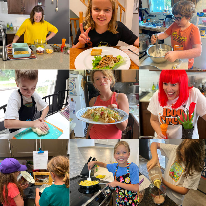 A collage showing kids cooking in their kitchens while taking a virtual cooking class.